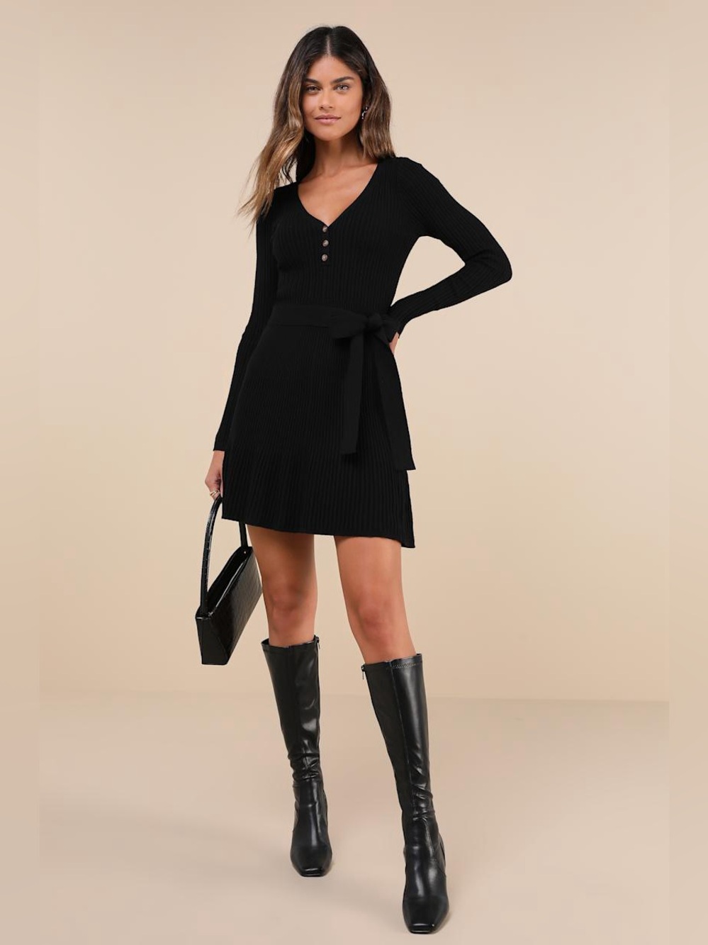 LULUS Cozy Poise Henley Long Sleeve Mini Sweater Dress Black M NWT